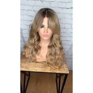 Dirty blonde human hair wig curtain bangs